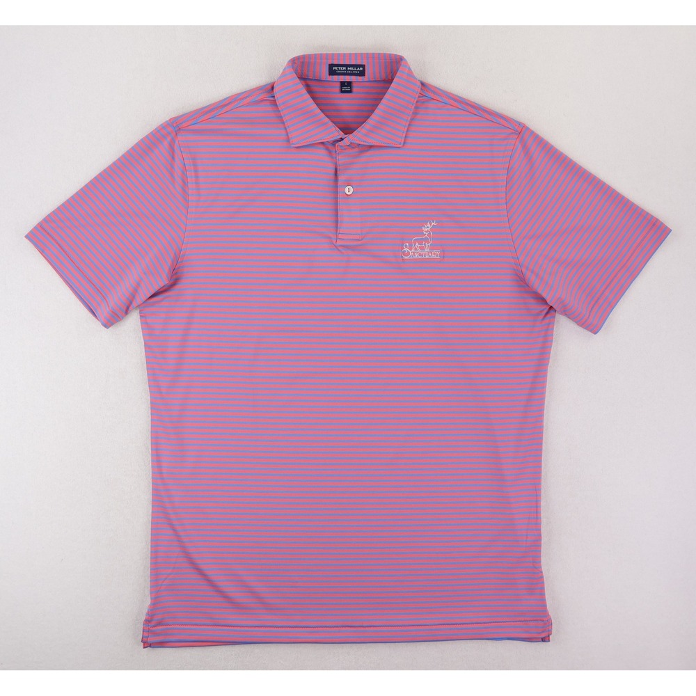 Peter Millar Miles Performance Jersey Polo Mens L Pink Blue Striped Sanctuary GC